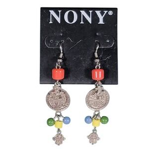 VTG 90s NONY Hamsa Hand Coin Dangle Earrings Beaded Silver Tone Middle Eastern